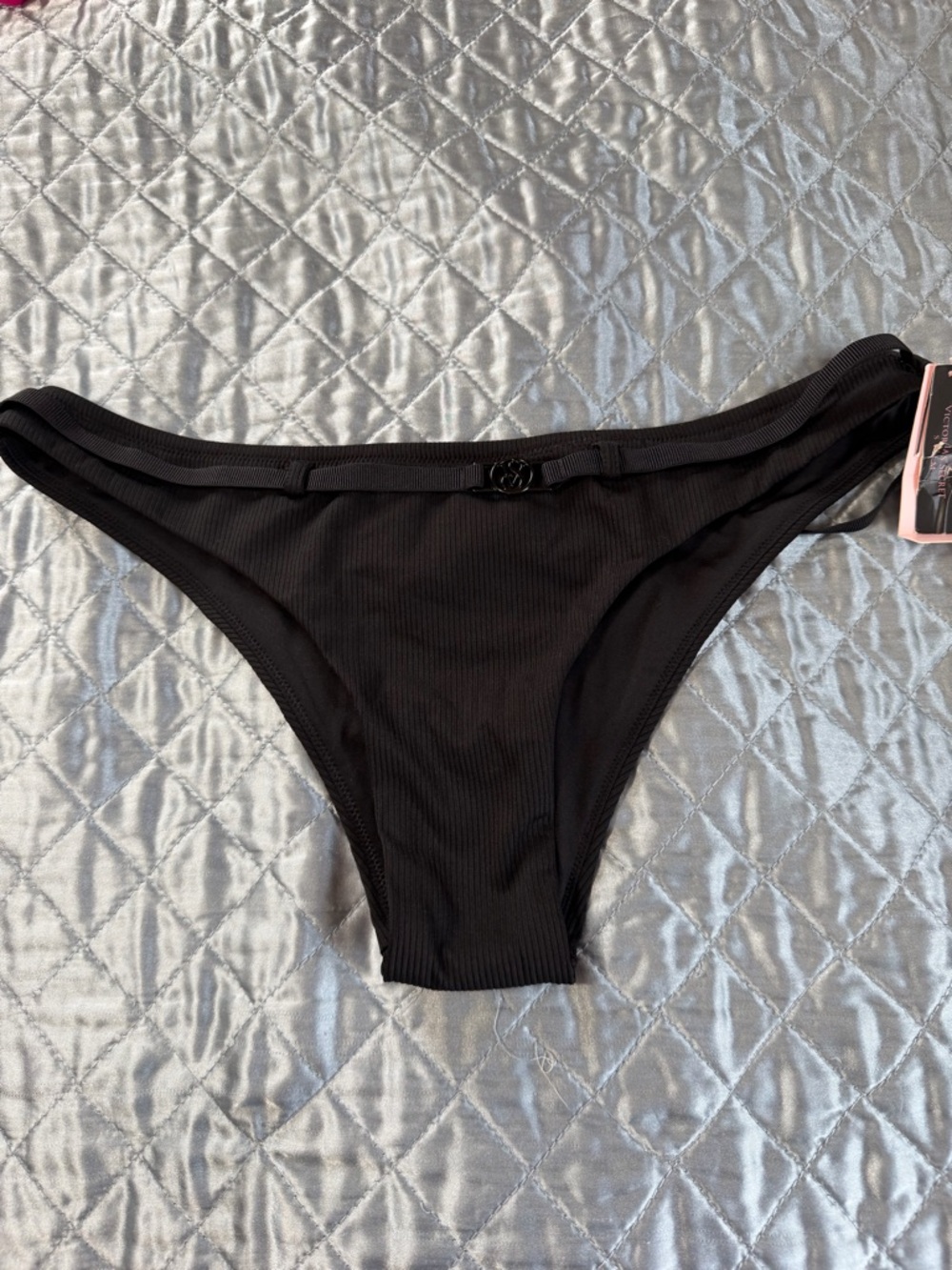 Victorias Secret Small Black Ribbed T-Shape
Belted Thong Bikini Bottom Swimwear